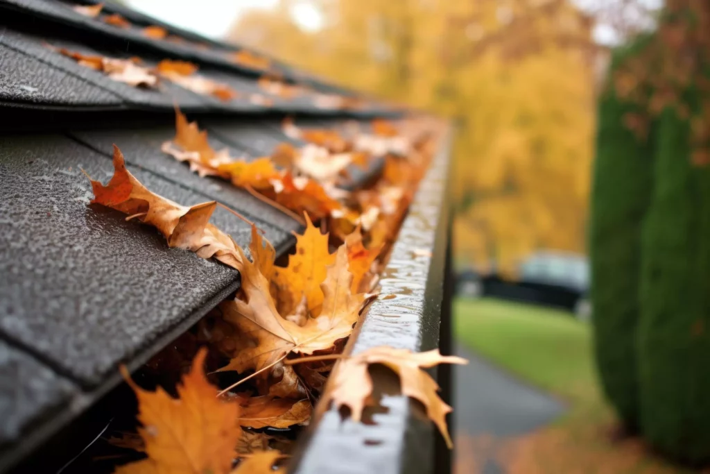 gutter guard struggling to contain autumn leaf buildup